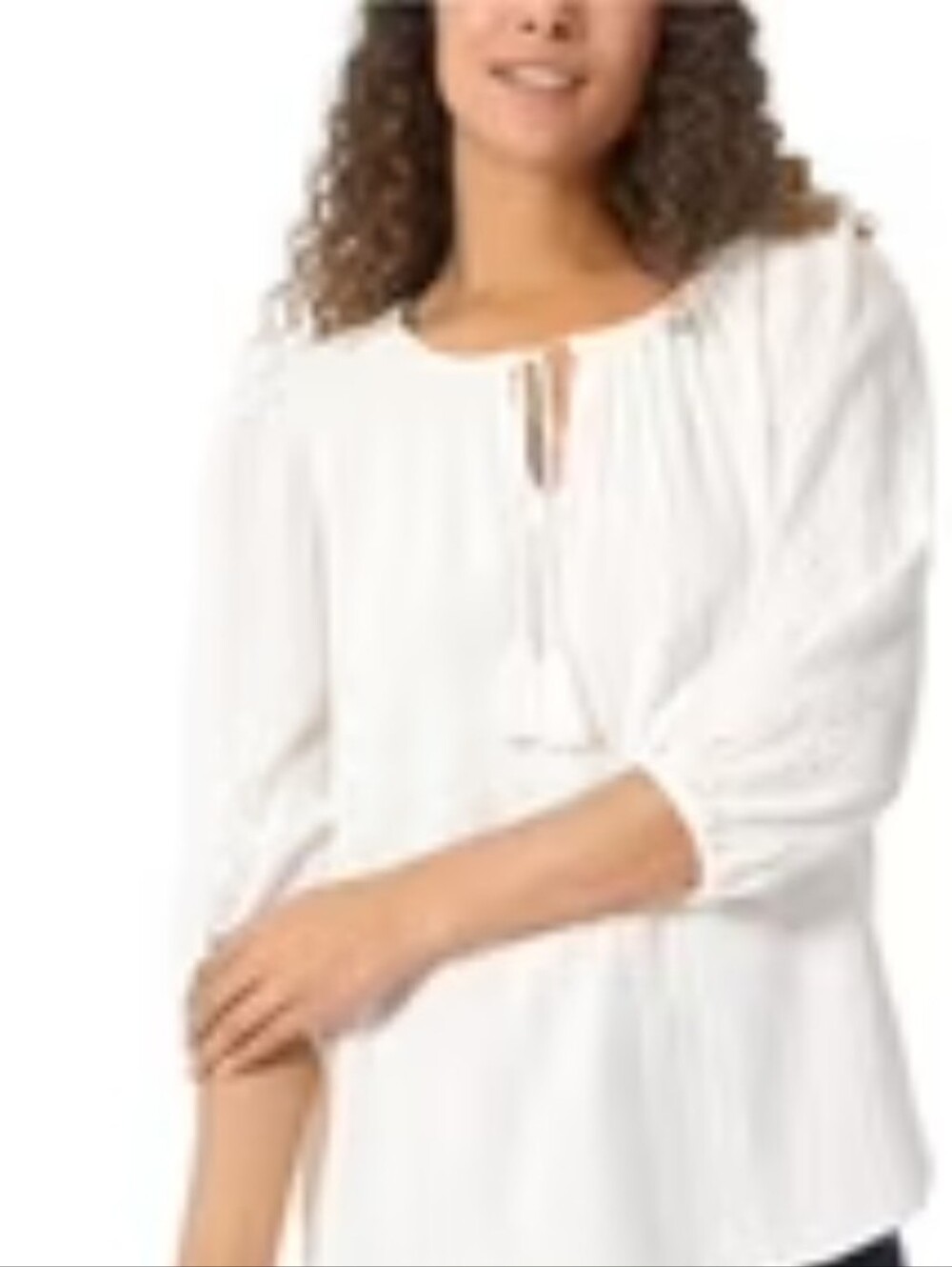 Jones New York White Peasant Linen Top with Embroider Detail L